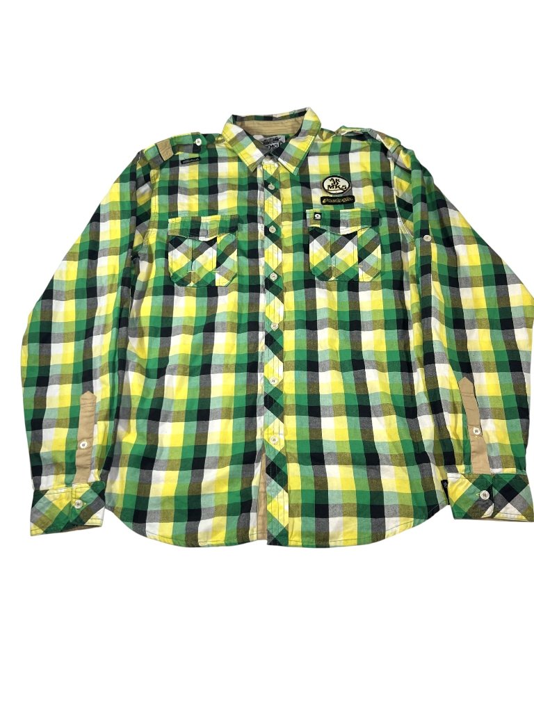 Akademiks Mens Yellow Green Plaid Button Up Long Sleeve Shirt Size Xl Y2k Style